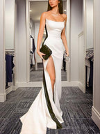 Sheath Column Strapless Court Train Elastic Woven Satin Prom Dresses With Leg Slit