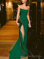 Sheath Column Strapless Court Train Elastic Woven Satin Prom Dresses With Leg Slit