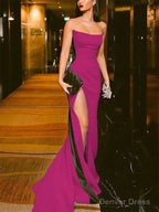 Sheath Column Strapless Court Train Elastic Woven Satin Prom Dresses With Leg Slit