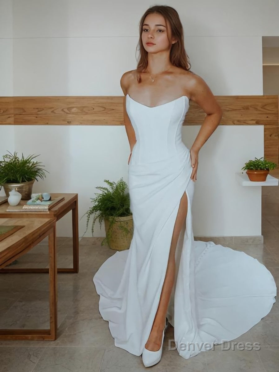 Sheath Column Strapless Court Train Stretch Crepe Wedding Dresses With Leg Slit Secondary image