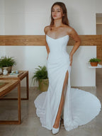 Sheath Column Strapless Court Train Stretch Crepe Wedding Dresses With Leg Slit