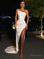 Sheath Column Strapless Ruched Satin Sleeveless Sweep Brush Train Dress Prom Dresses
