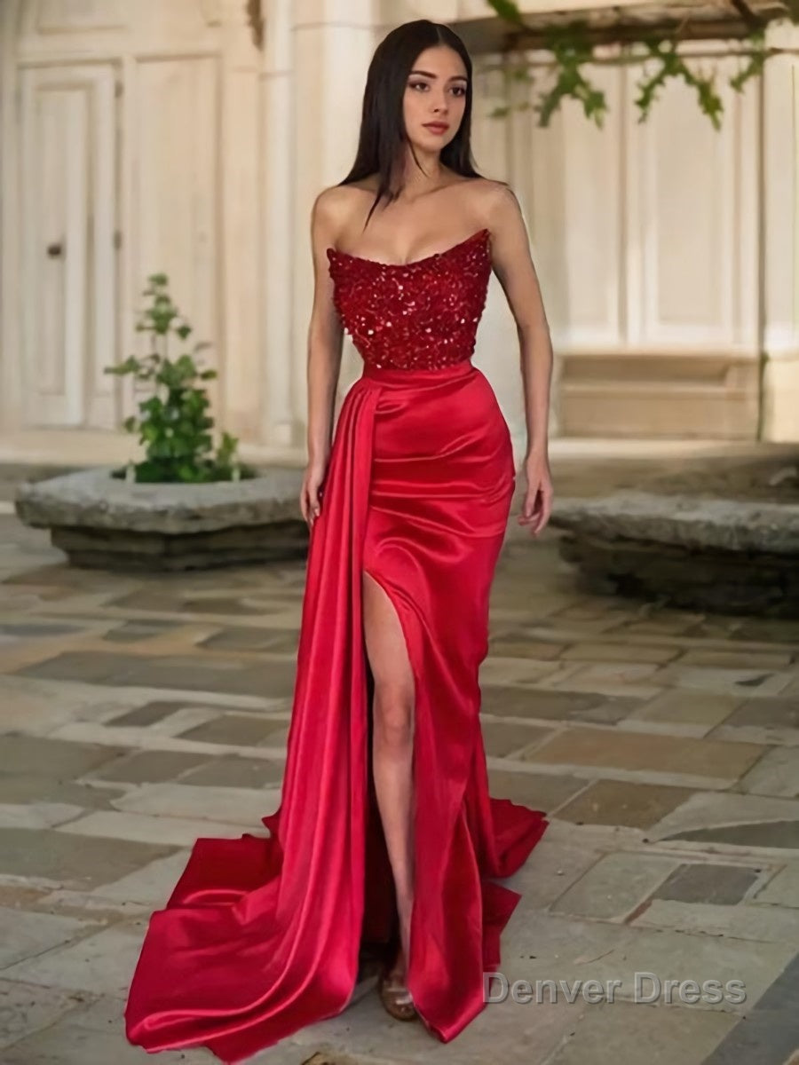 Sheath Column Strapless Sweep Train Elastic Woven Satin Prom Dresses With Leg Slit Main image