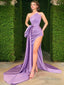 Sheath Column Strapless Sweep Train Elastic Woven Satin Prom Dresses With Leg Slit