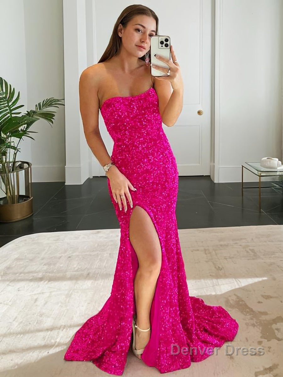 Sheath Column Strapless Sweep Train Prom Dresses With Leg Slit Main image