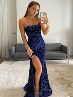 Sheath Column Strapless Sweep Train Prom Dresses With Leg Slit