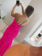 Sheath Column Strapless Sweep Train Prom Dresses With Leg Slit