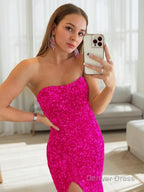 Sheath Column Strapless Sweep Train Prom Dresses With Leg Slit