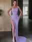 Sheath Column Strapless Sweep Train Prom Dresses With Leg Slit