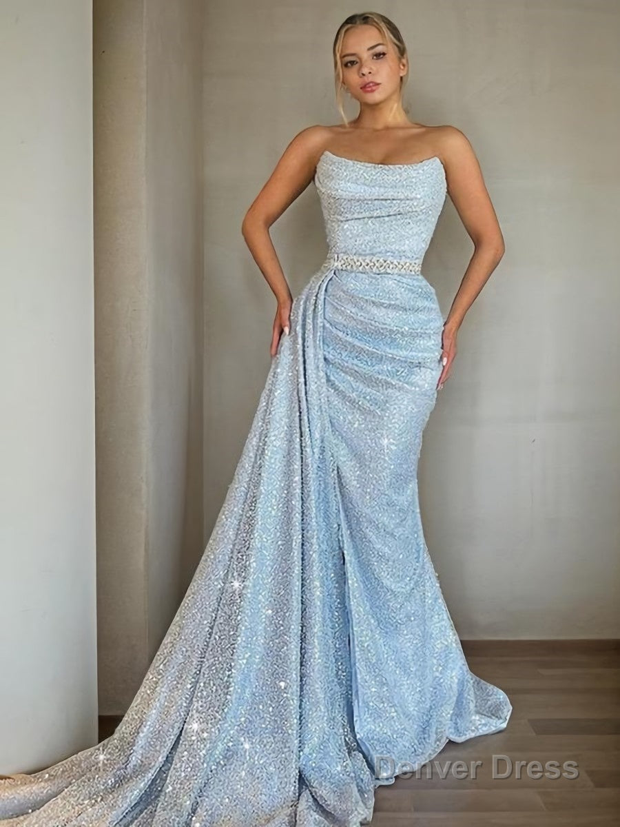 Sheath Column Strapless Sweep Train Prom Dresses With Ruffles Main image