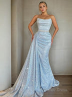 Sheath Column Strapless Sweep Train Prom Dresses With Ruffles