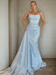 Sheath Column Strapless Sweep Train Prom Dresses With Ruffles