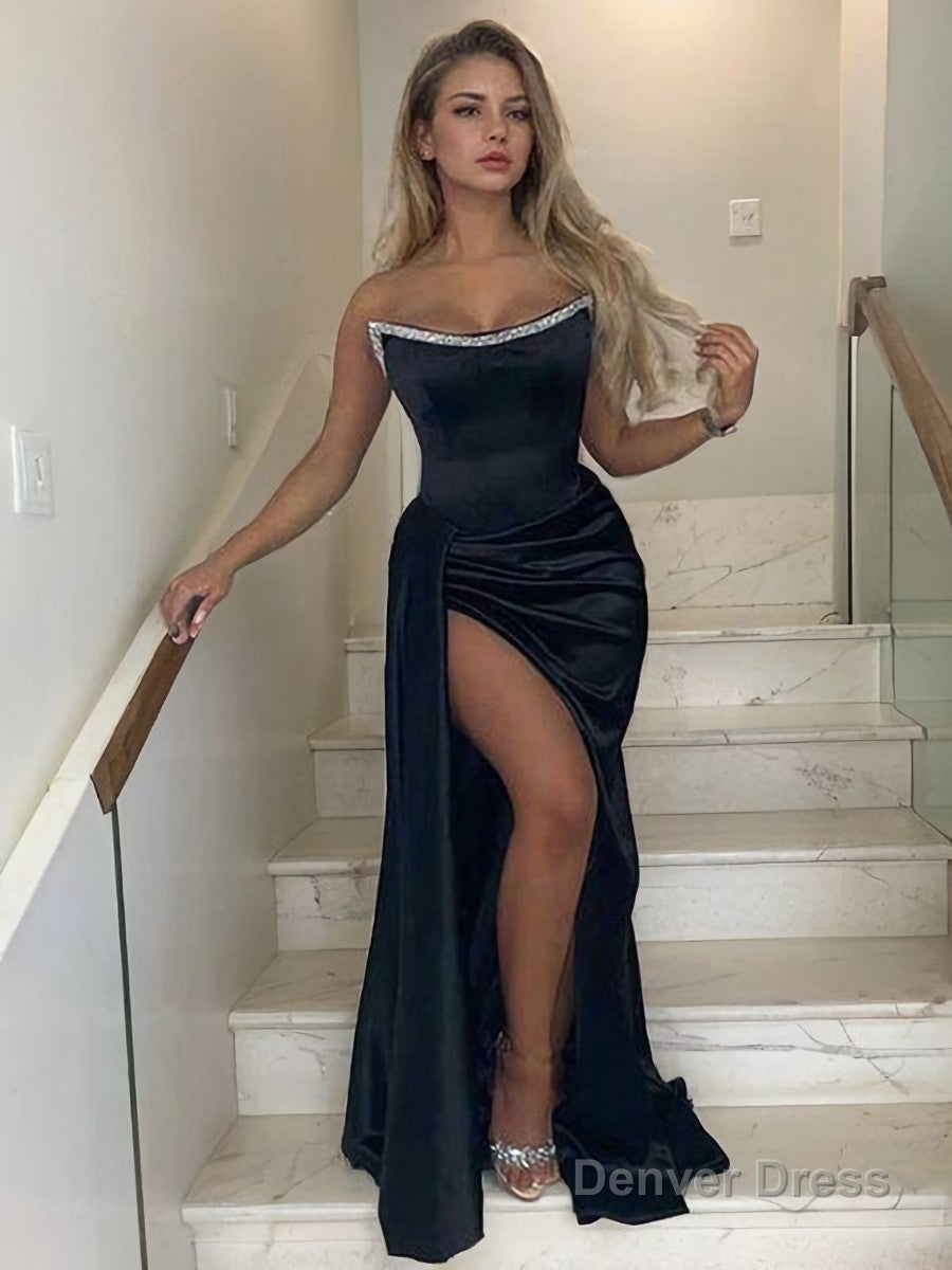 Sheath Column Strapless Sweep Train Satin Prom Dresses With Leg Slit