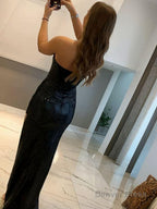 Sheath Column Strapless Sweep Train Sequins Prom Dresses With Leg Slit