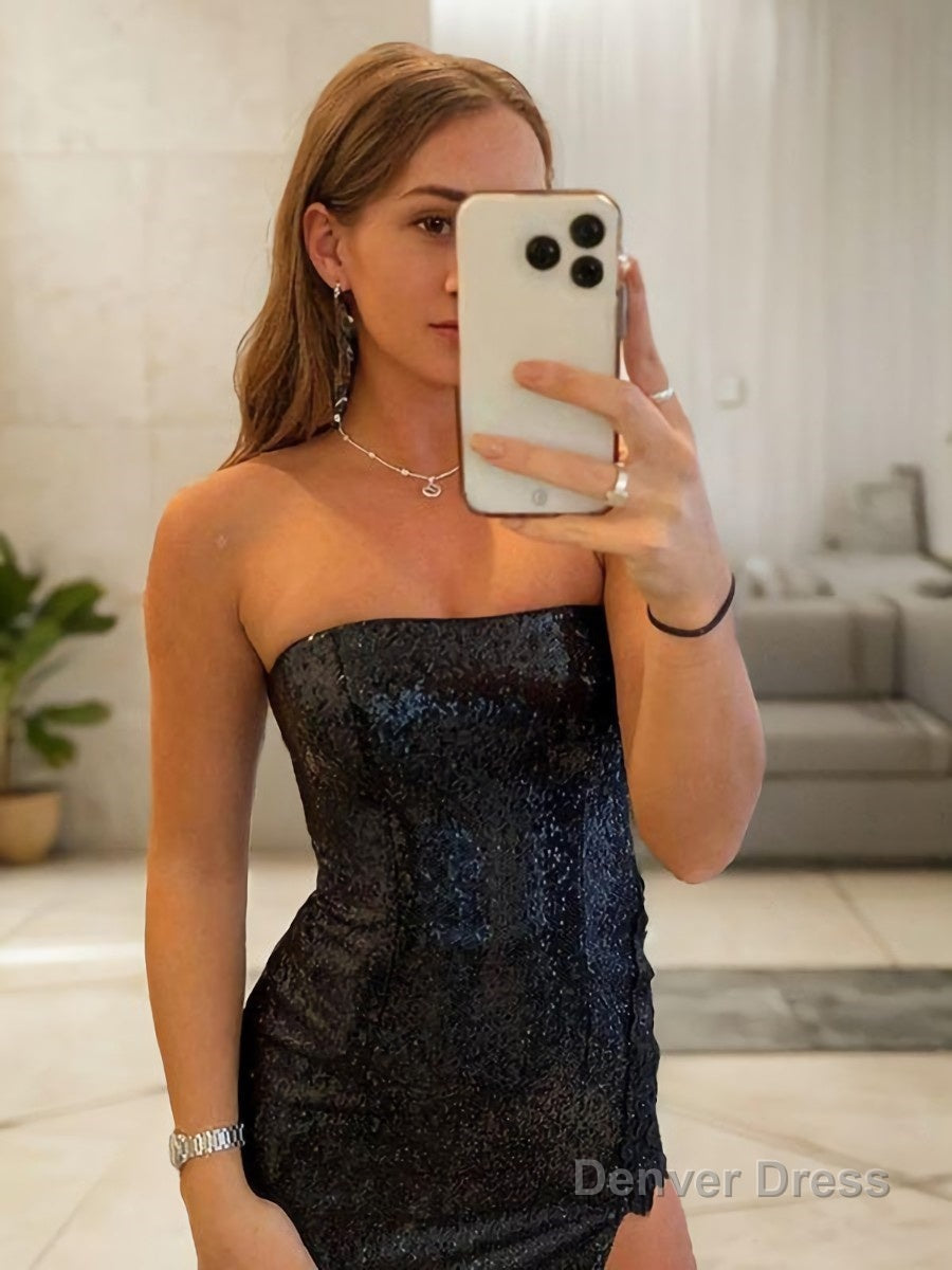 Sheath Column Strapless Sweep Train Sequins Prom Dresses With Leg Slit