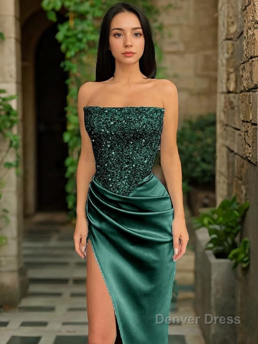 Sheath Column Strapless Sweep Train Sequins Prom Dresses With Leg Slit