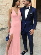 Sheath Column Straps Floor Length Stretch Crepe Prom Dresses With Leg Slit