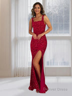 Sheath Column Straps Floor Length Velvet Sequins Prom Dresses With Leg Slit