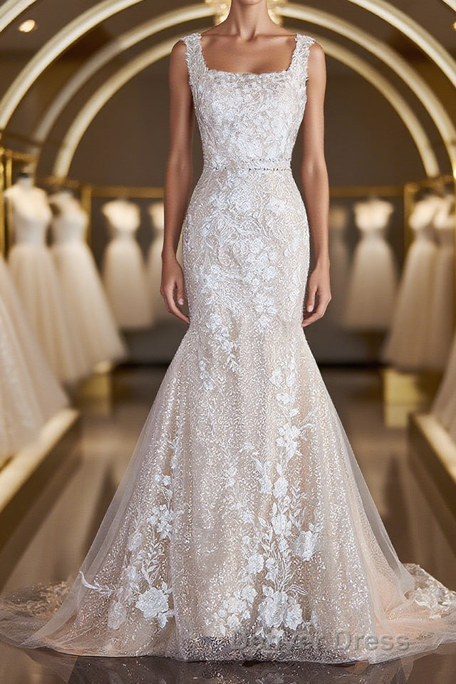 Sheath/Column Straps Sweep Train Lace Wedding Dresses with Appliques Lace Main image