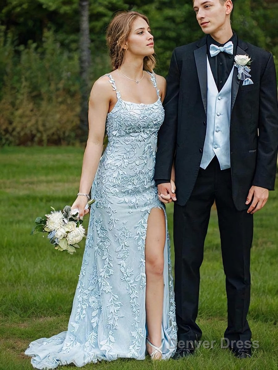 Sheath Column Straps Sweep Train Tulle Prom Dresses With Leg Slit