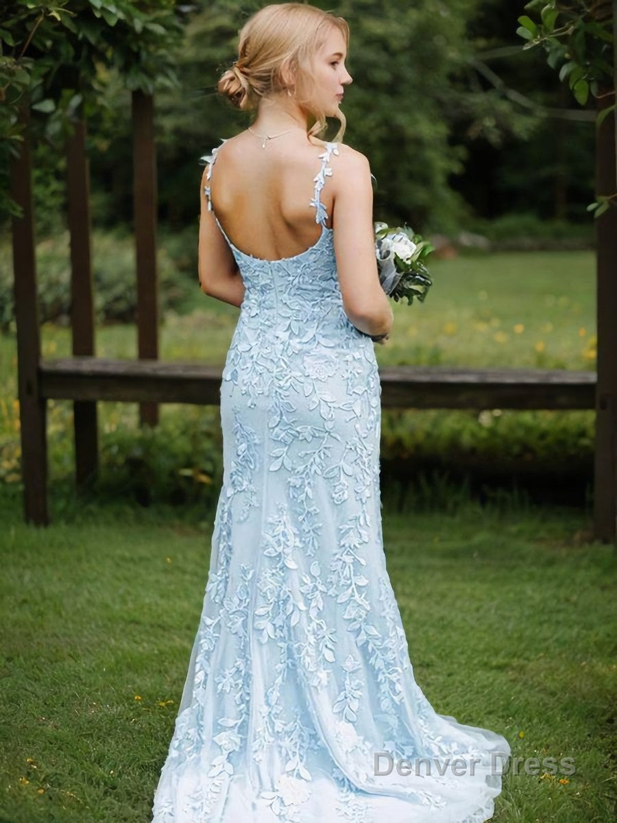 Sheath Column Straps Sweep Train Tulle Prom Dresses With Leg Slit Secondary image