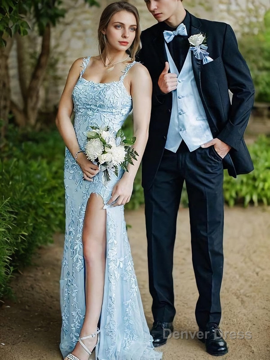 Sheath Column Straps Sweep Train Tulle Prom Dresses With Leg Slit