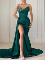 Sheath Column Sweetheart Court Train Elastic Woven Satin Prom Dresses With Leg Slit