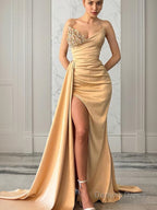 Sheath Column Sweetheart Court Train Elastic Woven Satin Prom Dresses With Leg Slit