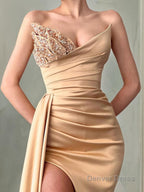 Sheath Column Sweetheart Court Train Elastic Woven Satin Prom Dresses With Leg Slit