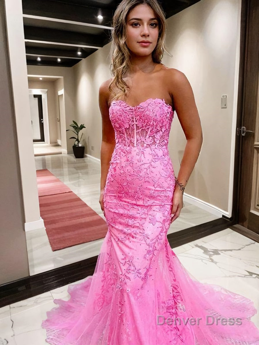 Sheath Column Sweetheart Court Train Tulle Prom Dresses With Appliques Lace