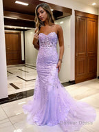 Sheath Column Sweetheart Court Train Tulle Prom Dresses With Appliques Lace