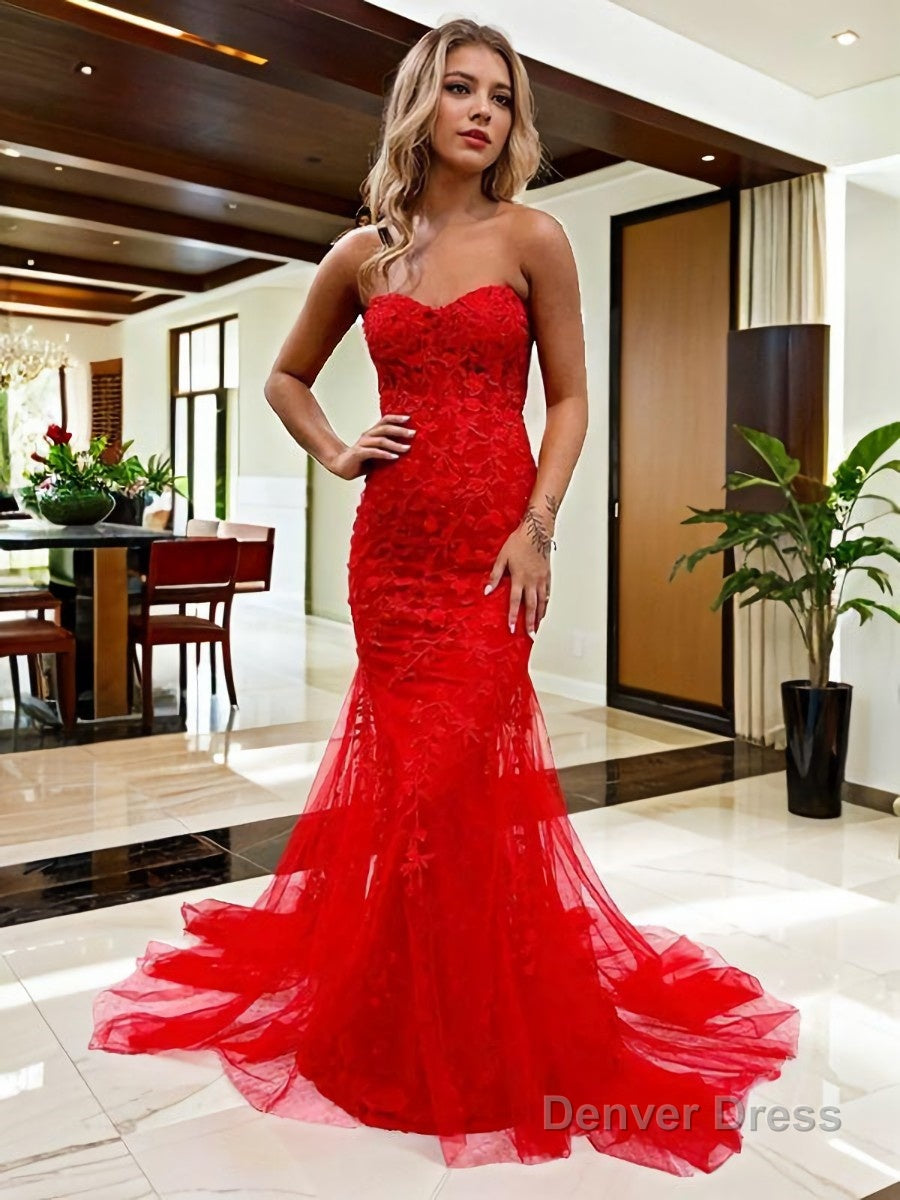 Sheath Column Sweetheart Court Train Tulle Prom Dresses With Appliques Lace