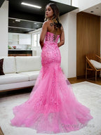 Sheath Column Sweetheart Court Train Tulle Prom Dresses With Appliques Lace