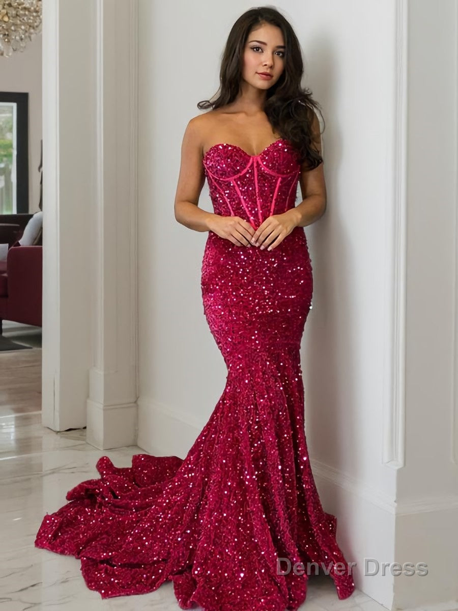 Sheath Column Sweetheart Court Train Velvet Sequins Prom Dresses With Ruffles