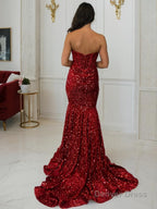 Sheath Column Sweetheart Court Train Velvet Sequins Prom Dresses With Ruffles