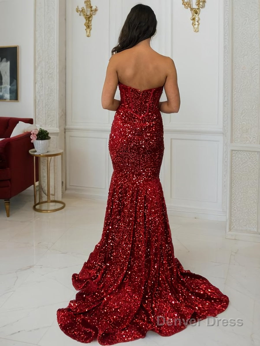 Sheath Column Sweetheart Court Train Velvet Sequins Prom Dresses With Ruffles