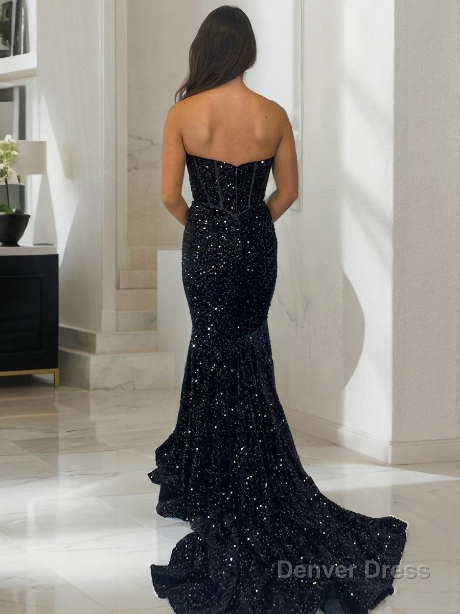 Sheath Column Sweetheart Court Train Velvet Sequins Prom Dresses With Ruffles