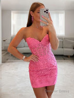 Sheath Column Sweetheart Short Mini Tulle Homecoming Dresses With Appliques Lace