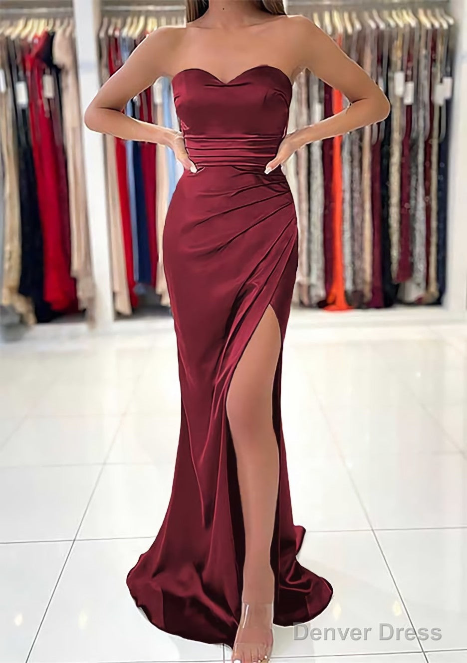 Sheath/Column Sweetheart Sleeveless Charmeuse Long/Floor-Length Prom Dresses With Pleated Split