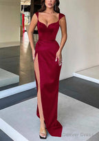 Sheath Column Sweetheart Sleeveless Long Floor Length Satin Prom Dresses With Split