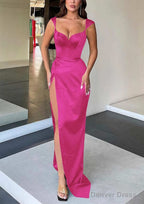 Sheath Column Sweetheart Sleeveless Long Floor Length Satin Prom Dresses With Split