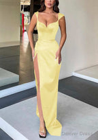 Sheath Column Sweetheart Sleeveless Long Floor Length Satin Prom Dresses With Split