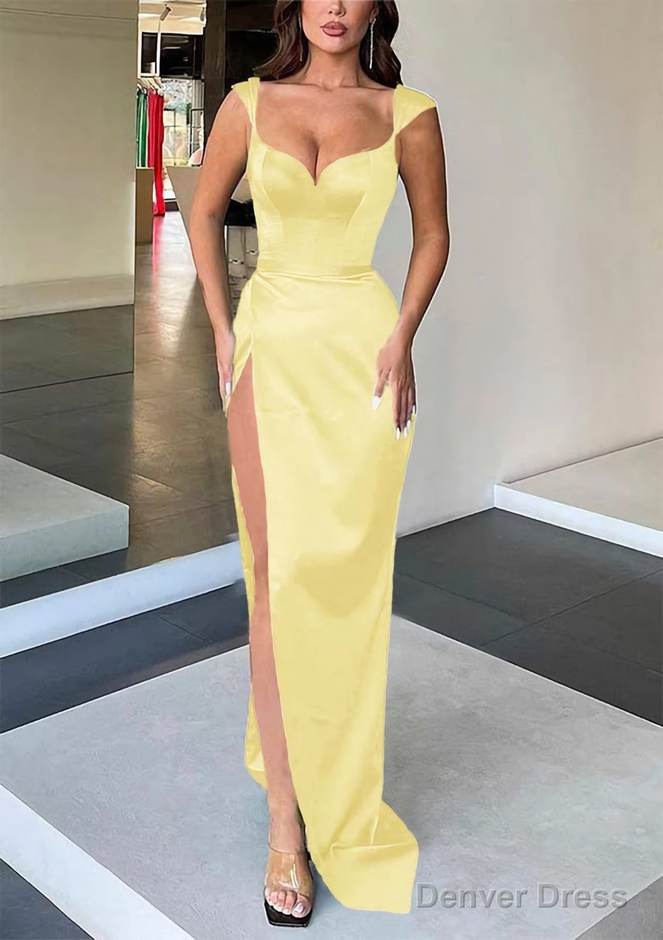 Sheath Column Sweetheart Sleeveless Long Floor Length Satin Prom Dresses With Split