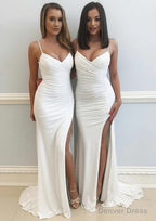 Sheath Column Sweetheart Sleeveless Sweep Train Jersey Prom Dresses With Split Pleated