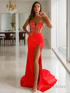 Sheath Column Sweetheart Sweep Train Elastic Woven Satin Prom Dresses With Leg Slit