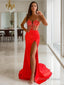 Sheath Column Sweetheart Sweep Train Elastic Woven Satin Prom Dresses With Leg Slit