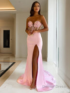 Sheath Column Sweetheart Sweep Train Elastic Woven Satin Prom Dresses With Leg Slit