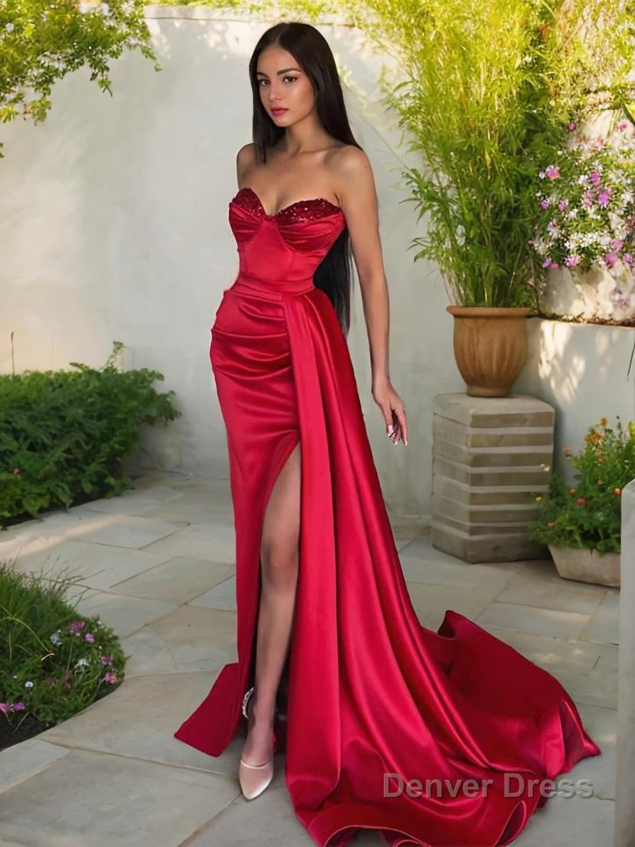 Sheath Column Sweetheart Sweep Train Elastic Woven Satin Prom Dresses With Leg Slit Main image