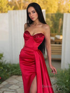 Sheath Column Sweetheart Sweep Train Elastic Woven Satin Prom Dresses With Leg Slit