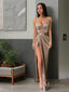 Sheath Column Sweetheart Sweep Train Elastic Woven Satin Prom Dresses With Leg Slit